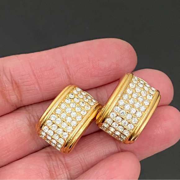 Vintage CHRISTIAN DIOR Goldtone Clear Pave Crystal Half Hoop Clip Earrings 17g - Picture 10 of 16